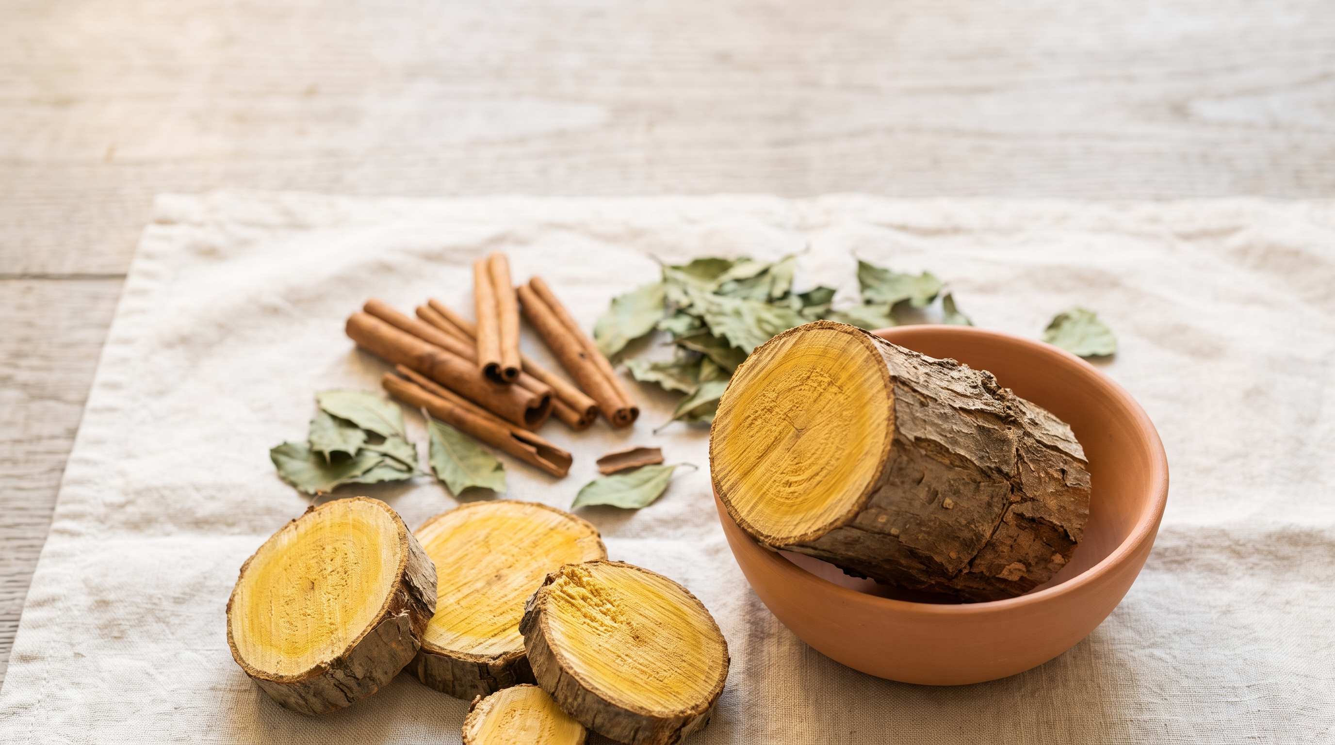 Cut sections of a woody vine showing bright yellow inner wood, beside Ceylon cinnamon quills and dried leaves on linen