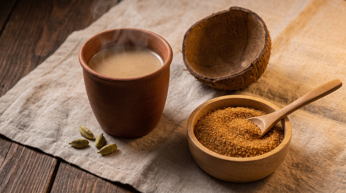 Steaming clay cup of coconut cardamom tonic beside cardamom pods, a bowl of coconut sugar and half a coconut shell on linen