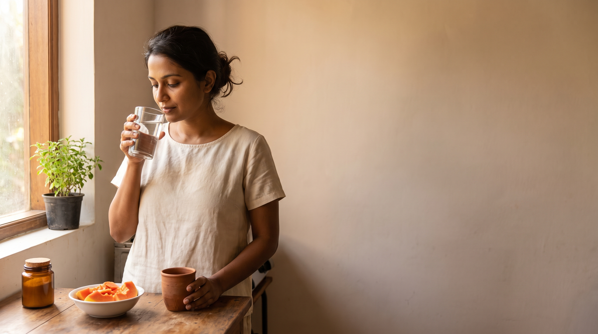 A woman in a cream linen top drinking a glass of water beside a sunlit kitchen window, with a bowl of sliced papaya, a clay cup and a small amber jar on the wooden counter.