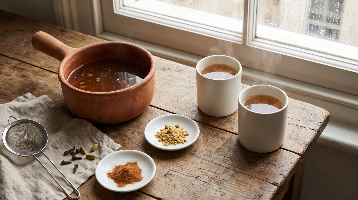 A clay saucepan and two white cups of amber spiced tea beside dishes of ground ginger and cinnamon, cloves and cardamom pods on linen, by a rainy window