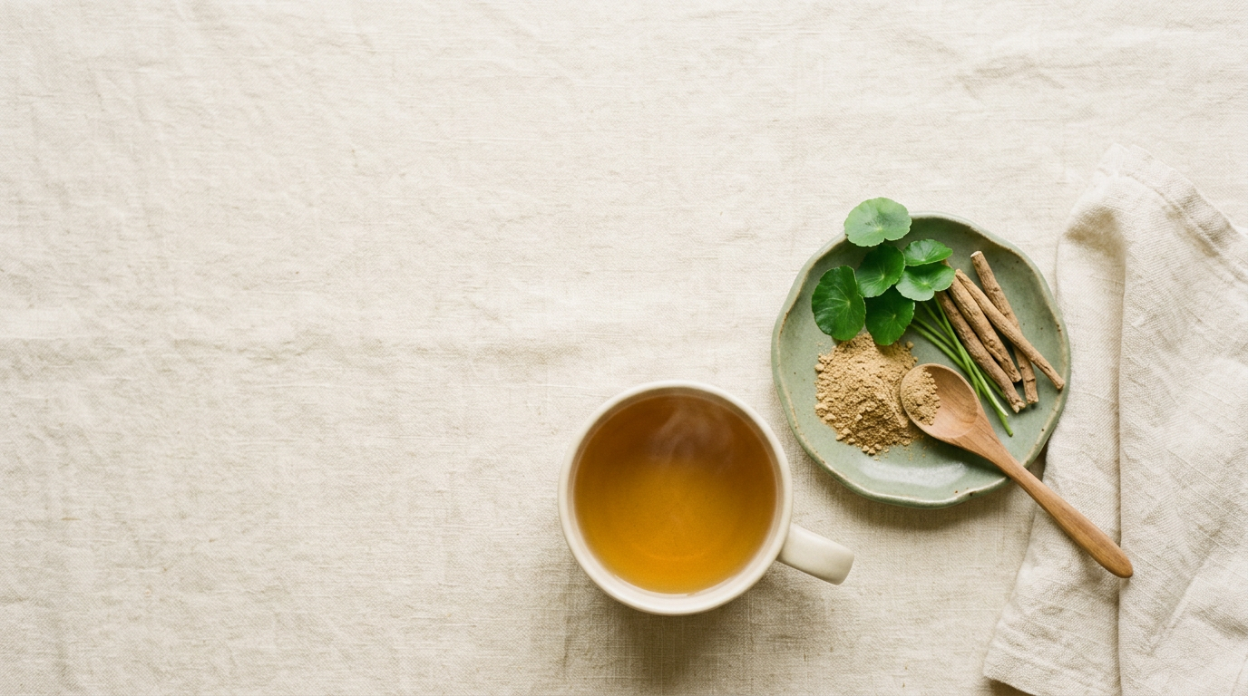 An overhead flat-lay of a calm weekend reset: a cup of golden herbal tea, a sage dish of Triphala powder with round gotukola leaves and a wooden spoon on cream linen.