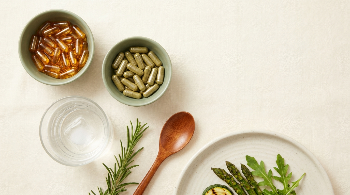 Two small ceramic dishes of unlabeled amber and green capsules beside a glass of water, a wooden spoon, and a plate of leafy greens on a cream linen surface.