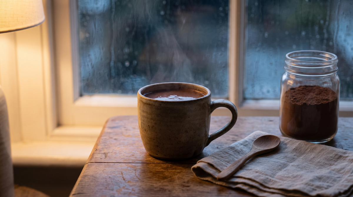 A plain ceramic mug of hot chocolate beside a rain-streaked window at dusk, with a jar of cocoa powder and a wooden spoon on linen