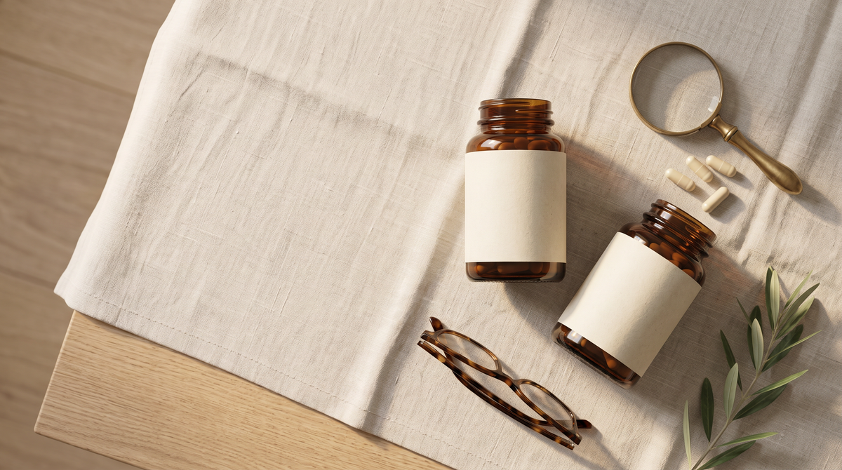 Two amber supplement bottles with blank labels, a brass magnifying glass, loose capsules and reading glasses on a linen cloth