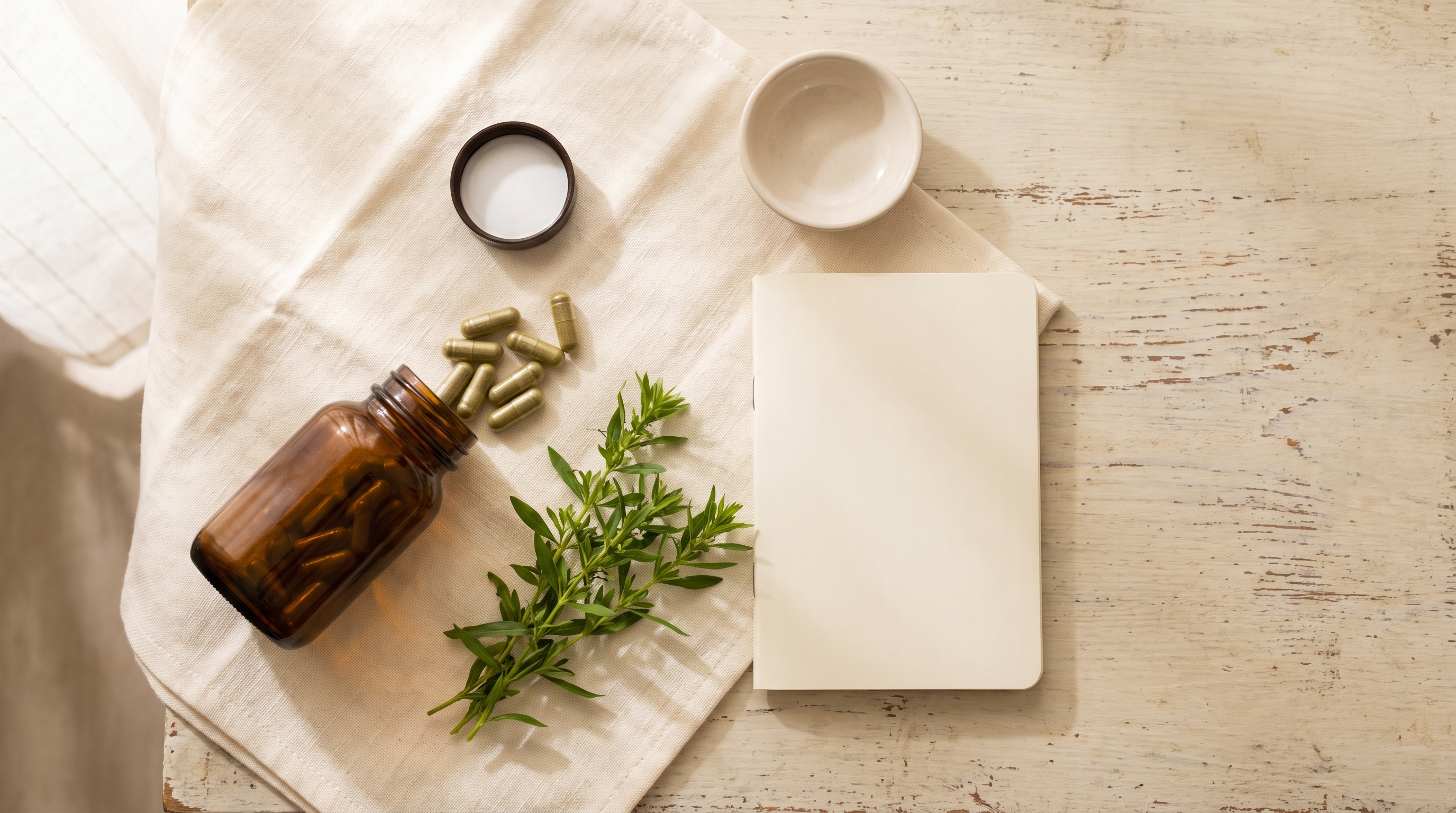 Unlabelled amber supplement bottle with loose herbal capsules, fresh green herb sprigs and a blank notebook on cream linen