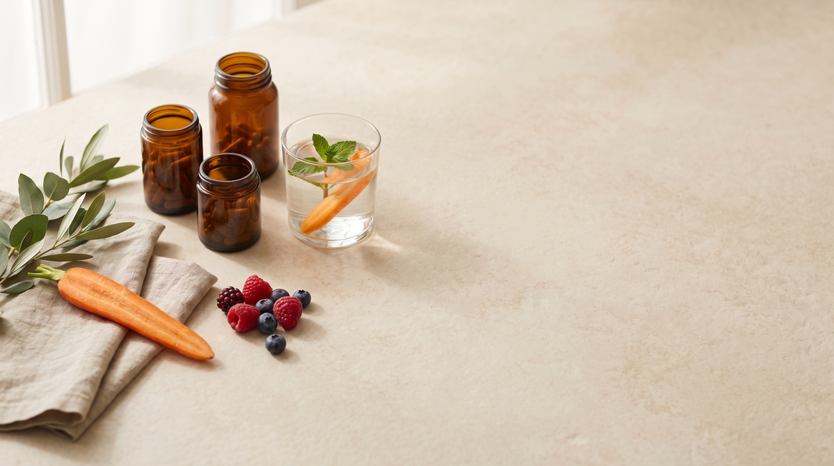 Amber capsule jars, a fresh carrot, mixed berries and a glass of water arranged on linen in soft morning light