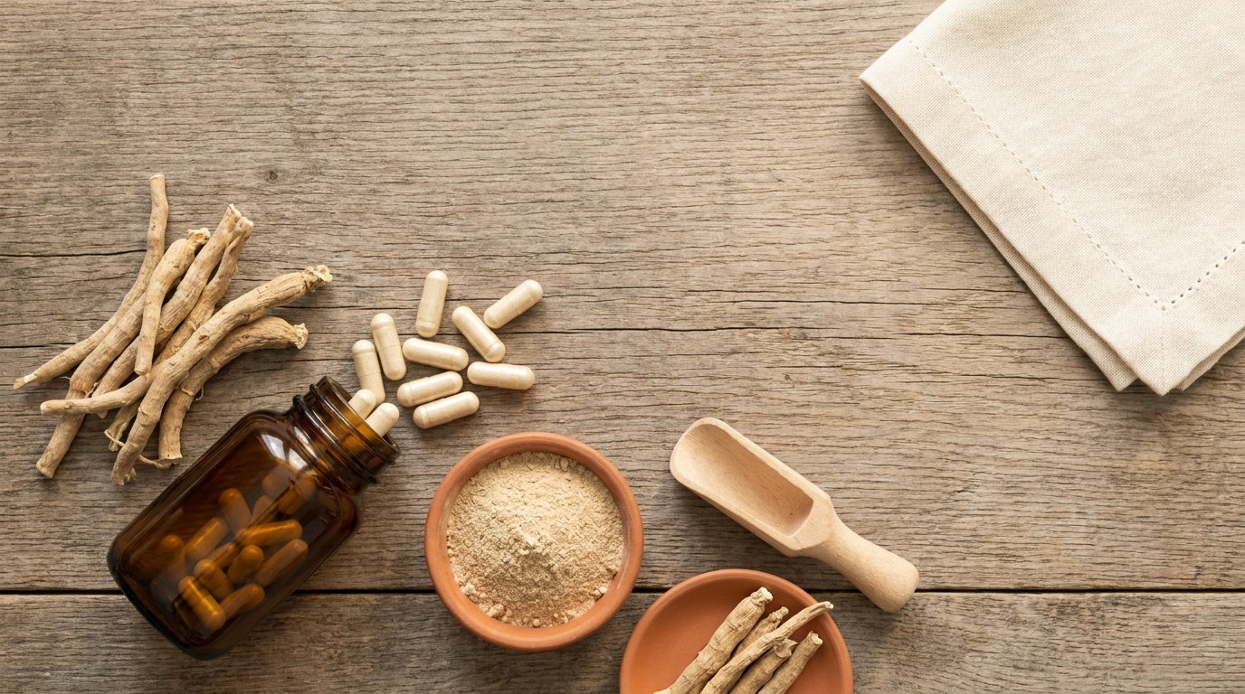 Ashwagandha root, milled root powder in a terracotta bowl, and cream gelatin capsules spilling from a plain amber bottle on a warm oak counter, suggesting a calm evening ritual that helps a stressed cortisol curve settle.