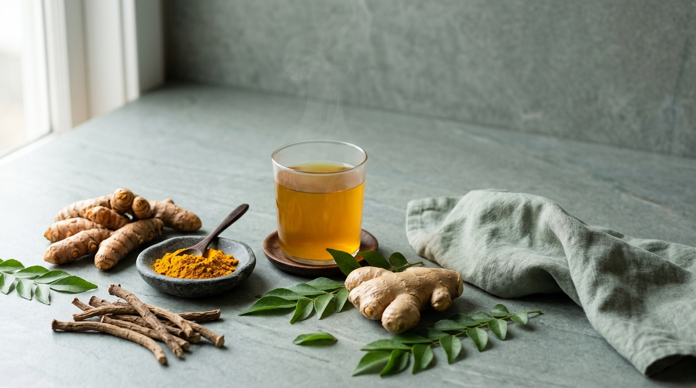 Editorial still-life of fresh turmeric root and golden turmeric powder, ginger, dried Iramusu roots, green curry leaves, and a plain glass of golden turmeric infusion on a sage-grey stone surface