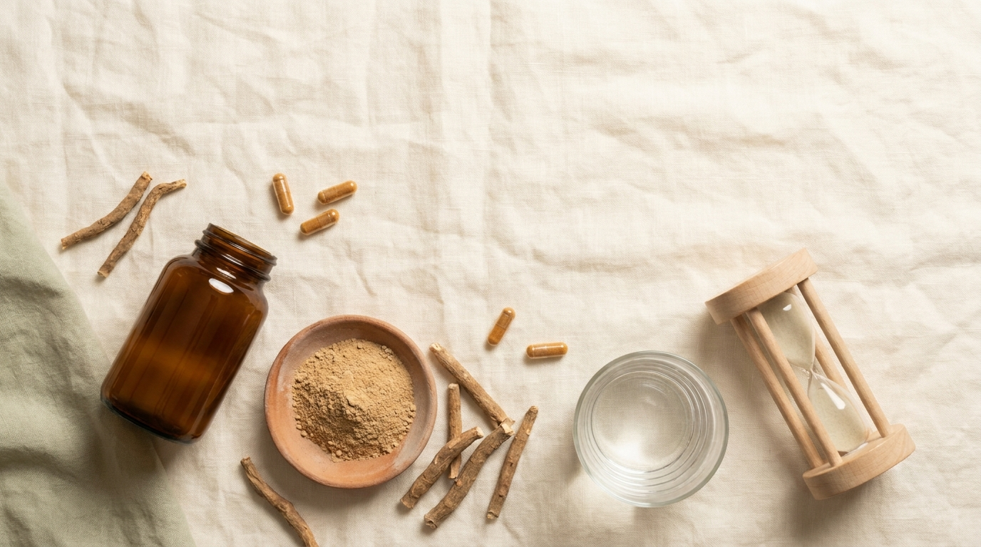 An overhead flat-lay on cream linen of an unlabeled amber supplement bottle, a clay dish of ashwagandha powder, dried ashwagandha roots, loose capsules, a glass of water, and a small wooden hourglass.