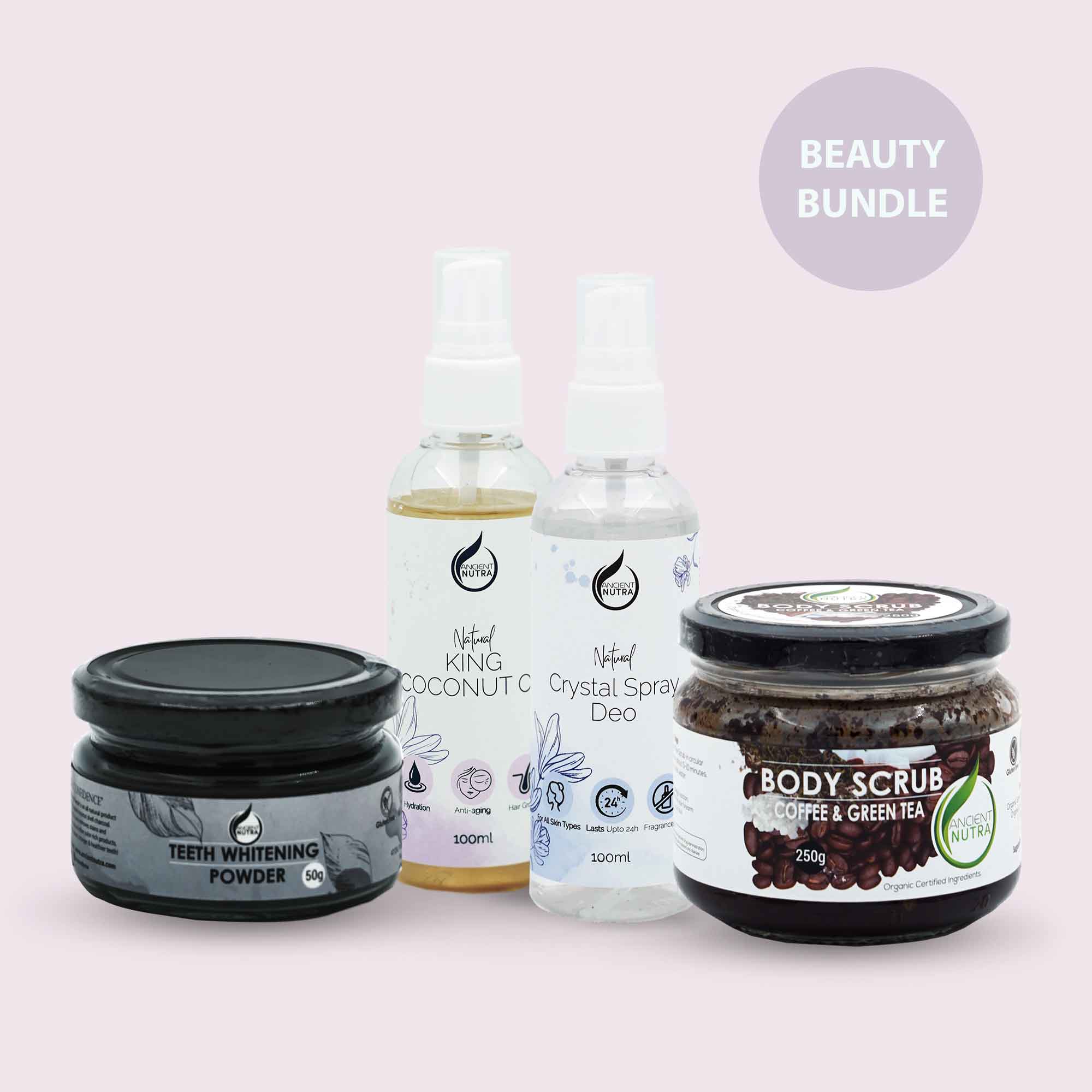Beauty Bundle 4 products teeth whitening powder, coffee body scrub, natural deodorant, hair oil (6685653237935)